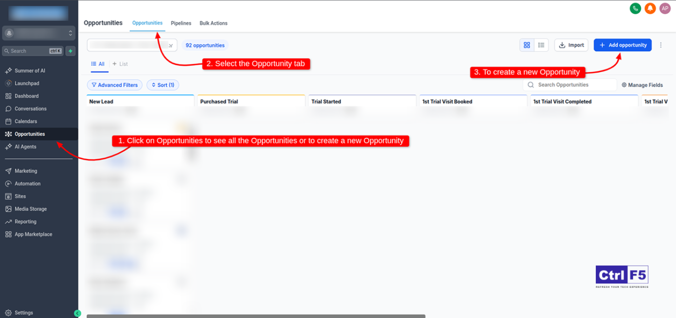 Navigate to opportunities ghl dashboard