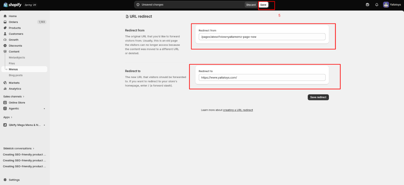 shopify-url-redirect-settings