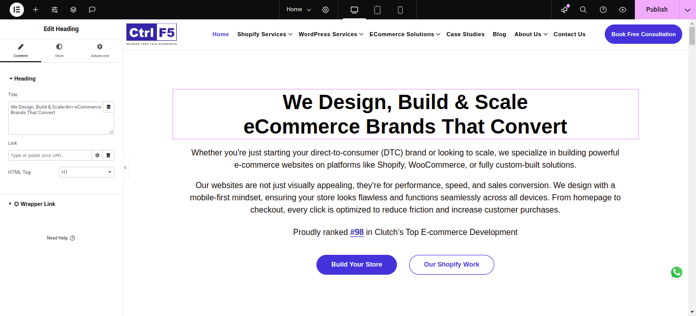 structuring homepage layout with elementor