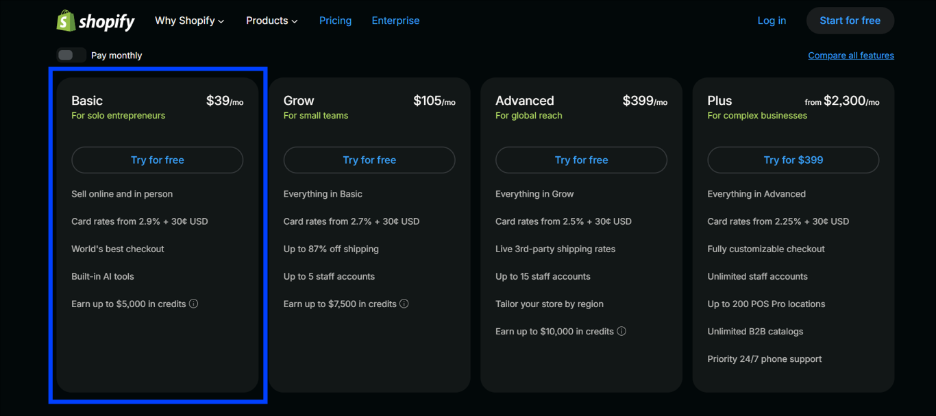 Shopify Basic Pricing Plans