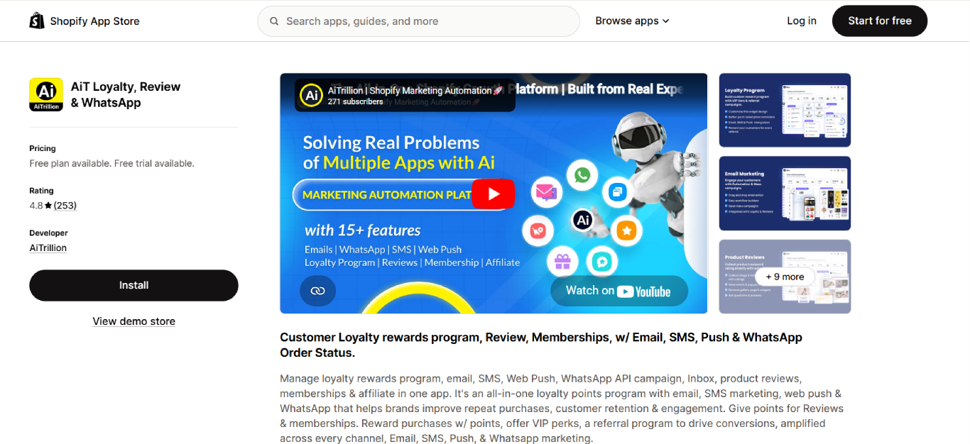 aitrillion shopify whatsapp marketing app dashboard