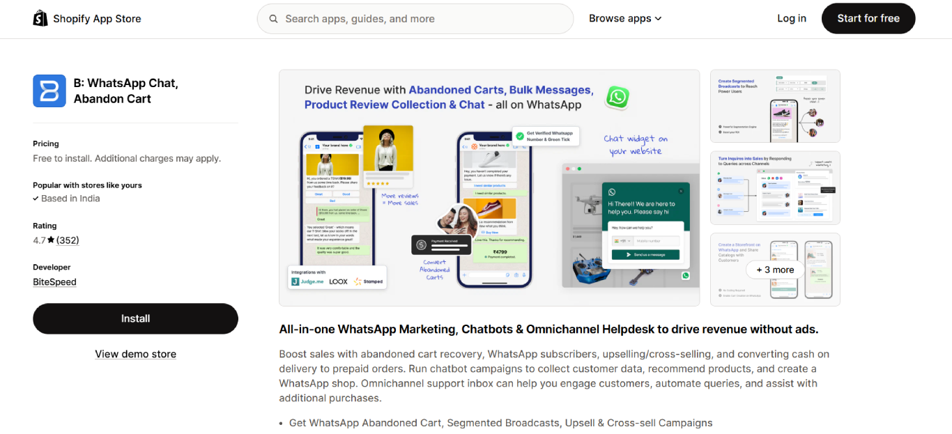 b whatsapp chat abandon cart shopify app