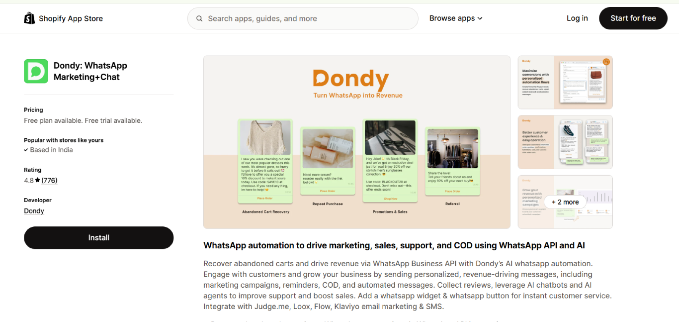 dondy whatsapp marketing chat shopify dashboard