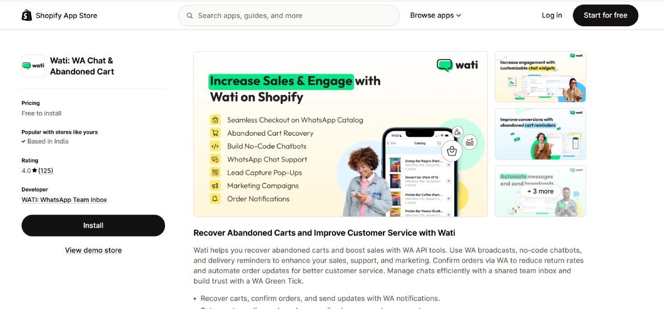 wati whatsapp chat abandoned cart shopify