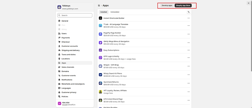 Shopify app store dashboard