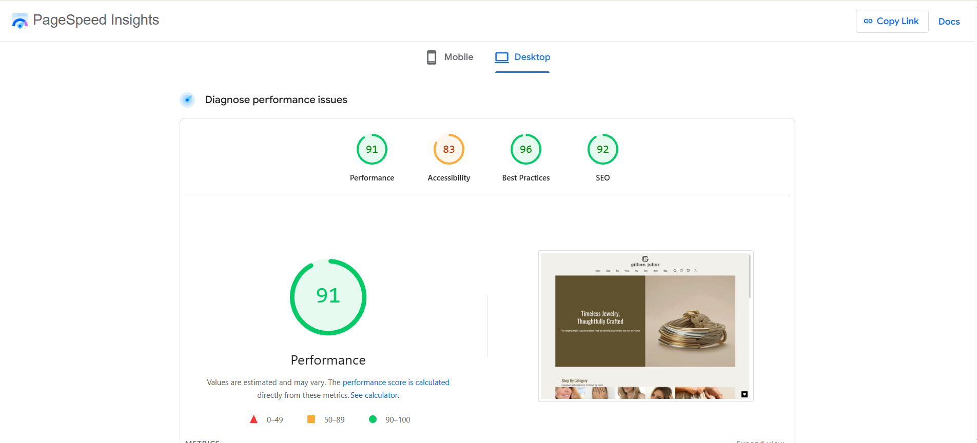 gillian julius pagespeed insights score