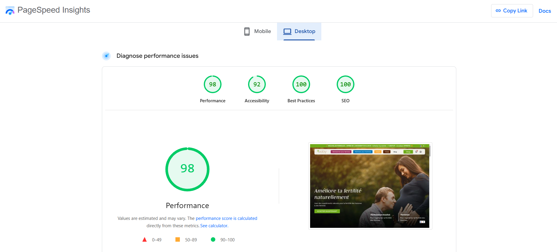 plusbaby google pagespeed results