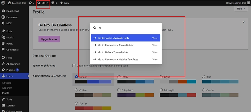 WordPress 7 command palette search